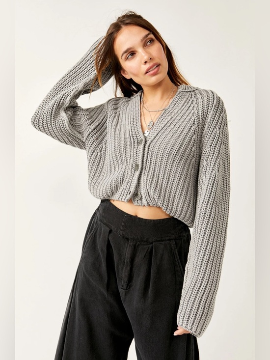 Free People Sweaters - Free People Sweet Nothing Gray Chunky Women’s Cropped Cardigan Sweater Sz L